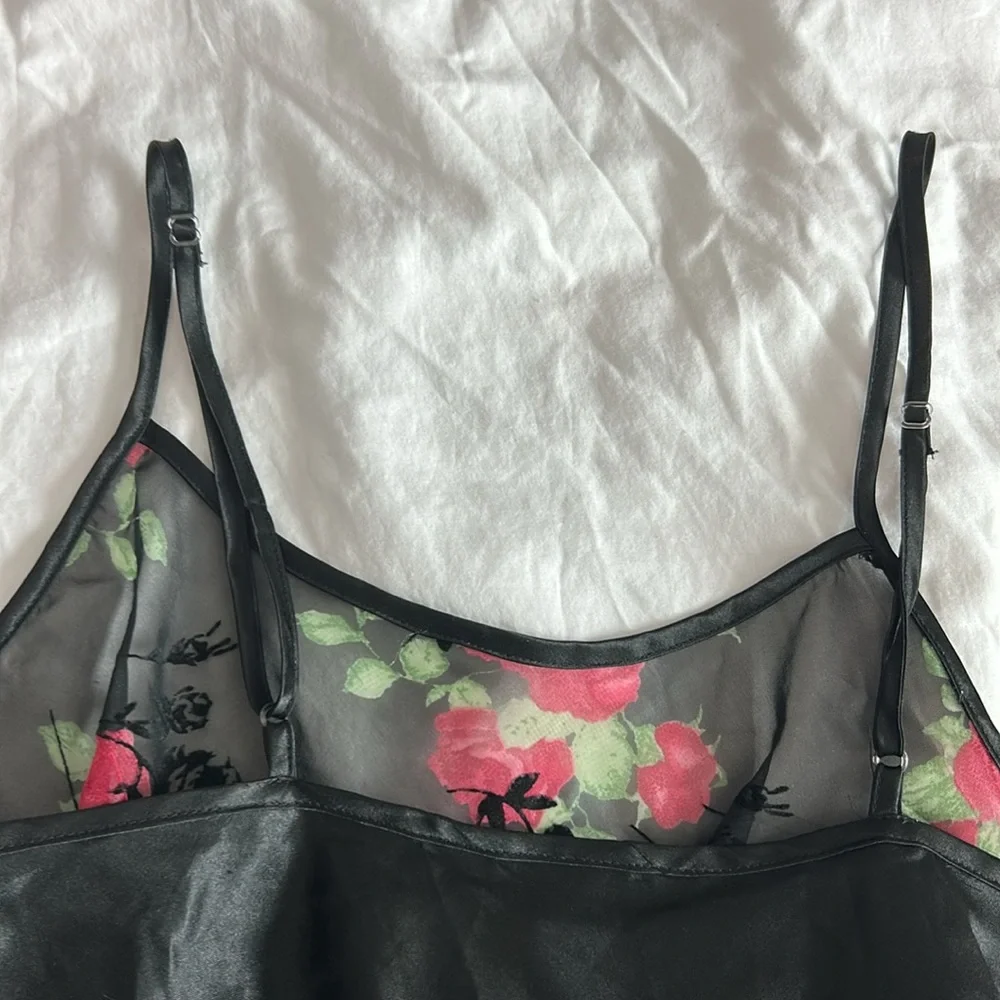 Y2K Black Floral Rose Lingerie Mini Slip Dress Women’s Size Medium - Picture 13 of 17